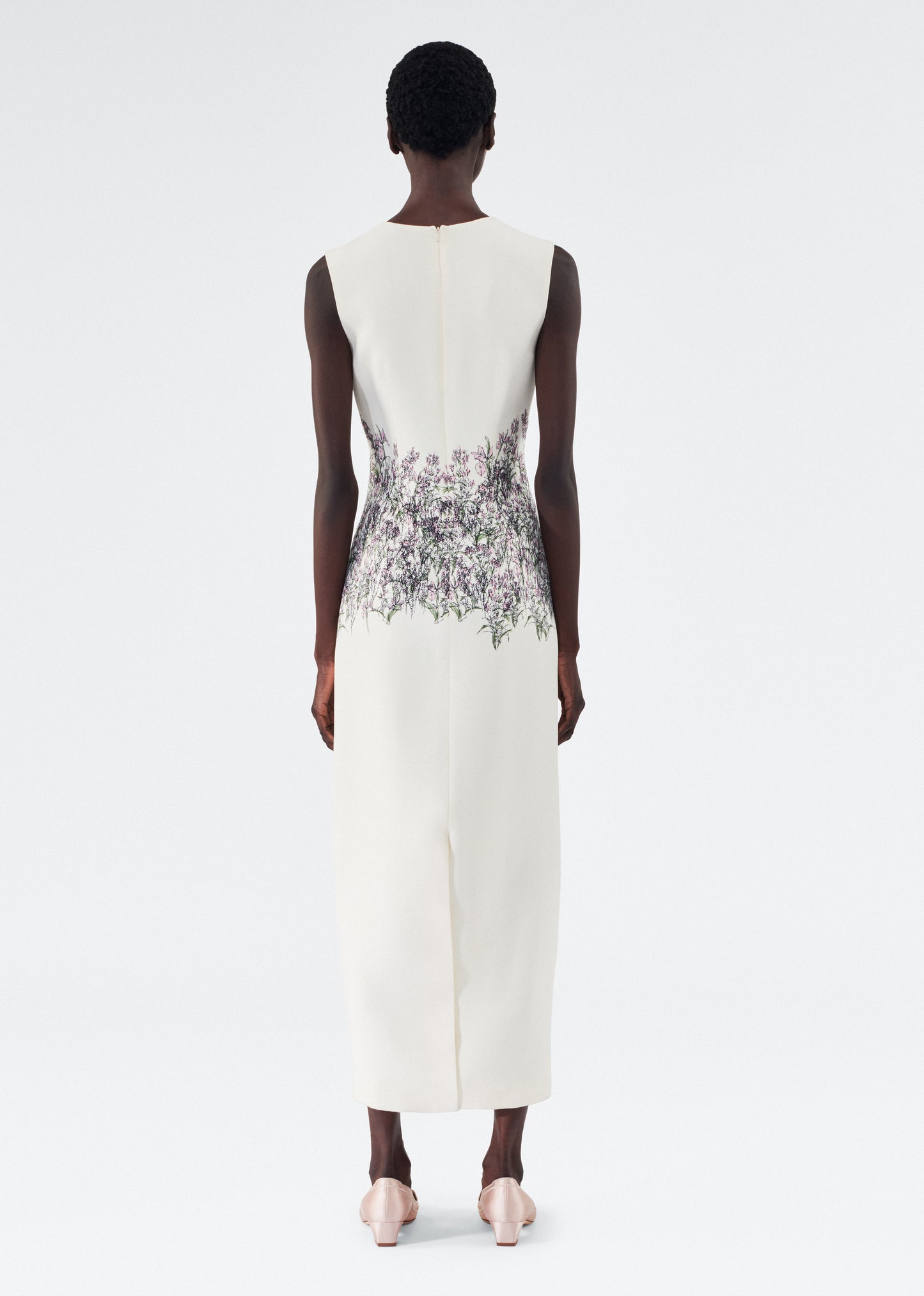 Back of of model wearing the Ophelia Dress in Printed Silk Wool in Rose/Ivory