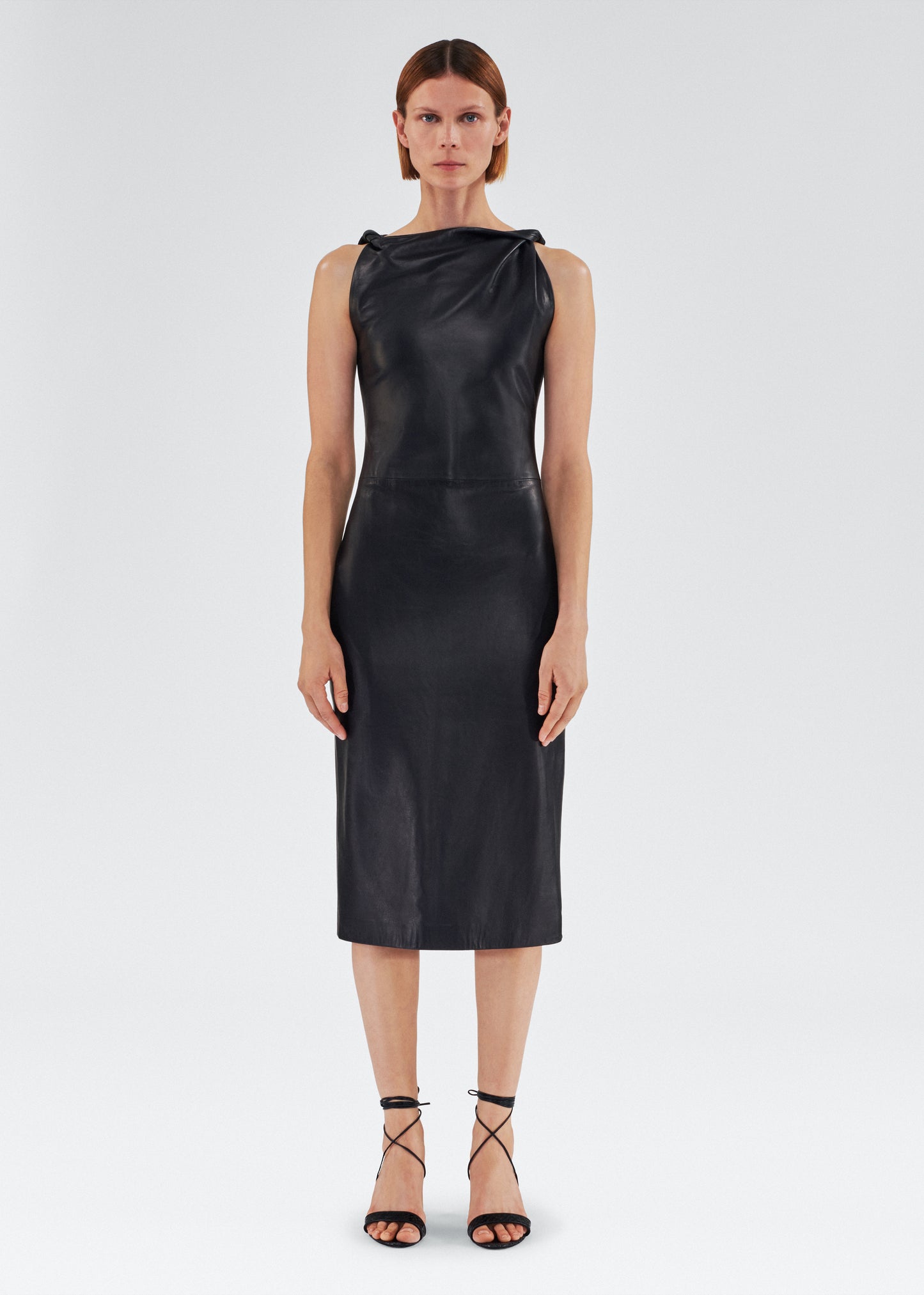 Front of model wearing the Hailee Dress in Leather in Black