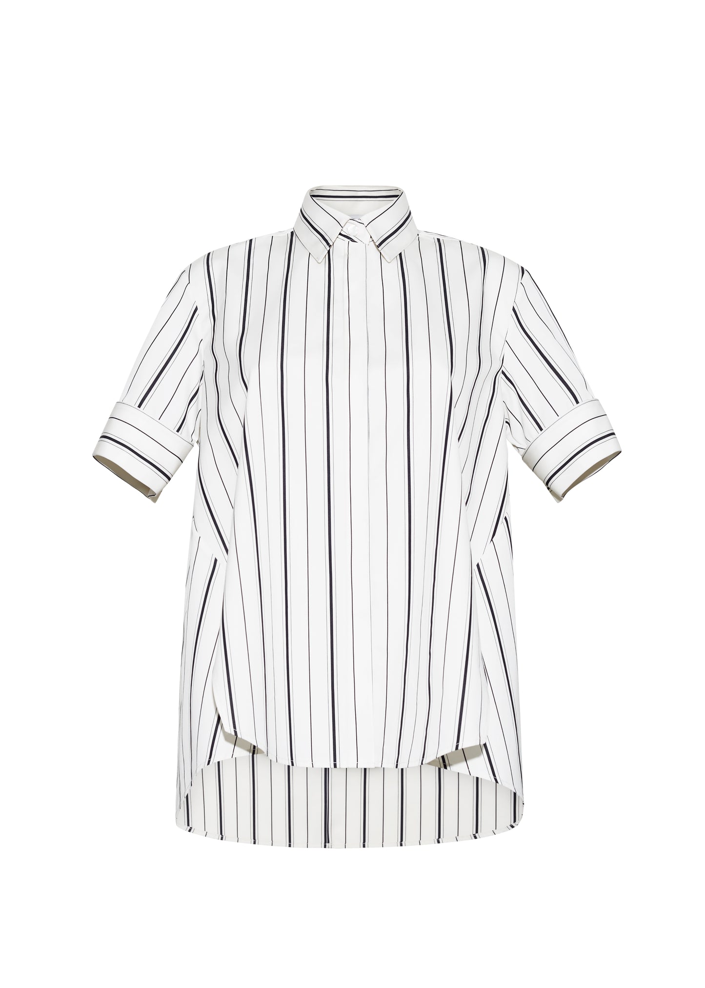Ghost front image – Trapeze Shirt, P25106SS, Ivory/Black – Adam Lippes, P25 collection: The Adam Lippes Trapeze Shirt remains a timeless favorite from the atelier. Crafted from crisp Italian cotton, this season’s version features a classic ivory and black stripe. The piece features diamond monogram mother of pearl buttons along the center front placket, collar stand and French cuffs. Designed with side slits for a breezy, relaxed fit.