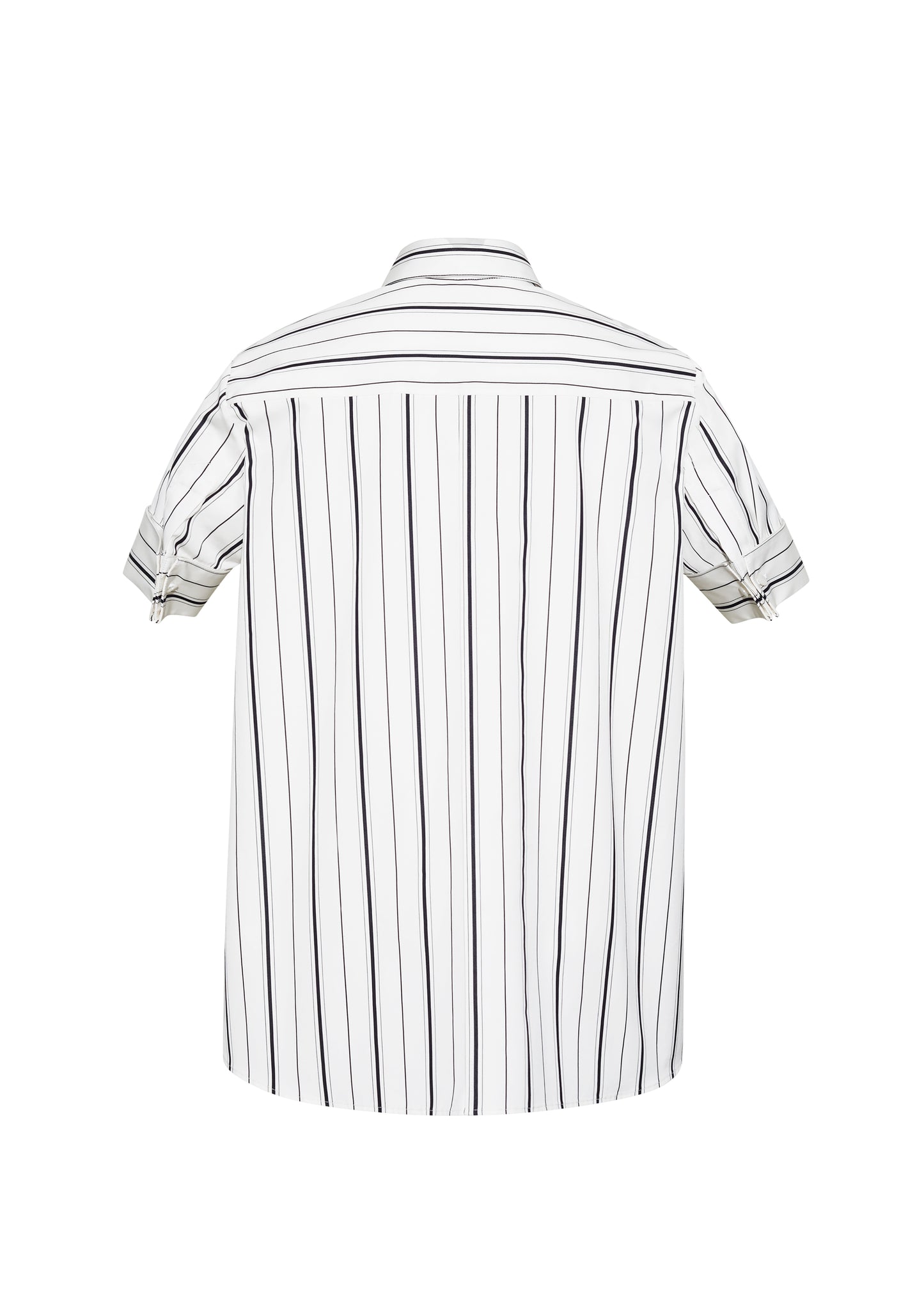 Ghost back image – Trapeze Shirt, P25106SS, Ivory/Black – Adam Lippes, P25 collection: The Adam Lippes Trapeze Shirt remains a timeless favorite from the atelier. Crafted from crisp Italian cotton, this season’s version features a classic ivory and black stripe. The piece features diamond monogram mother of pearl buttons along the center front placket, collar stand and French cuffs. Designed with side slits for a breezy, relaxed fit.
