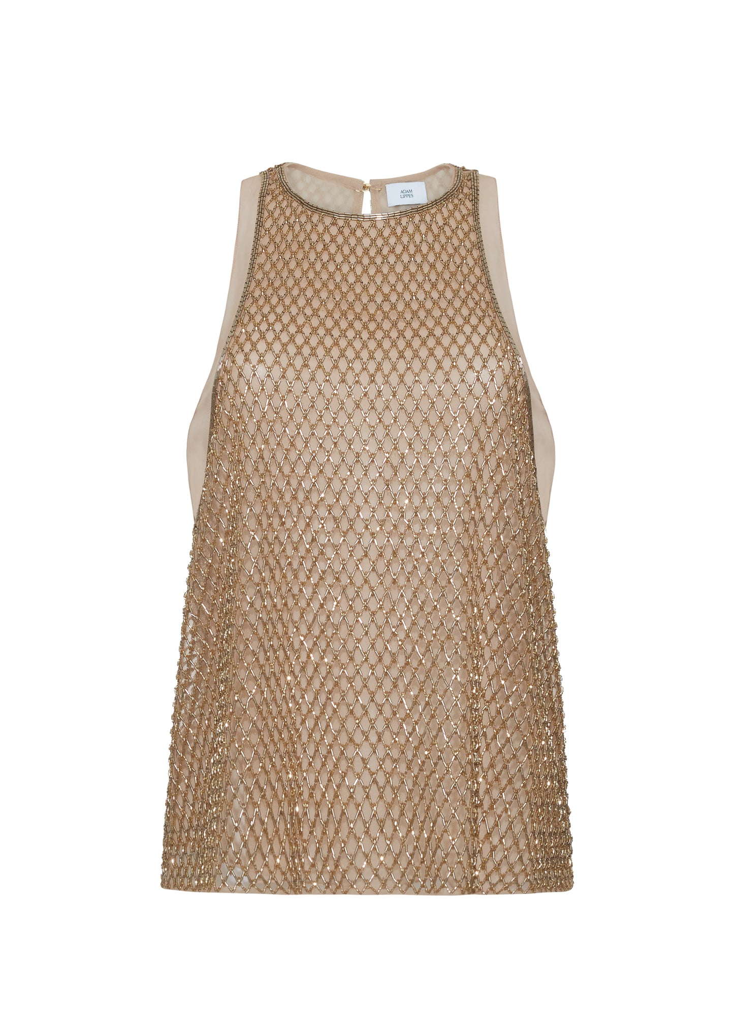 Ghost image front – Fable Top, P25110TU, Gold – Adam Lippes, P25 collection: The Fable Top in beaded tulle features intricate glass beading, a meticulous hand-done process that takes several days, arranged in the signature diamond motif for a striking visual effect. This new shape from the atelier combines fine craftsmanship with a clean, modern silhouette.