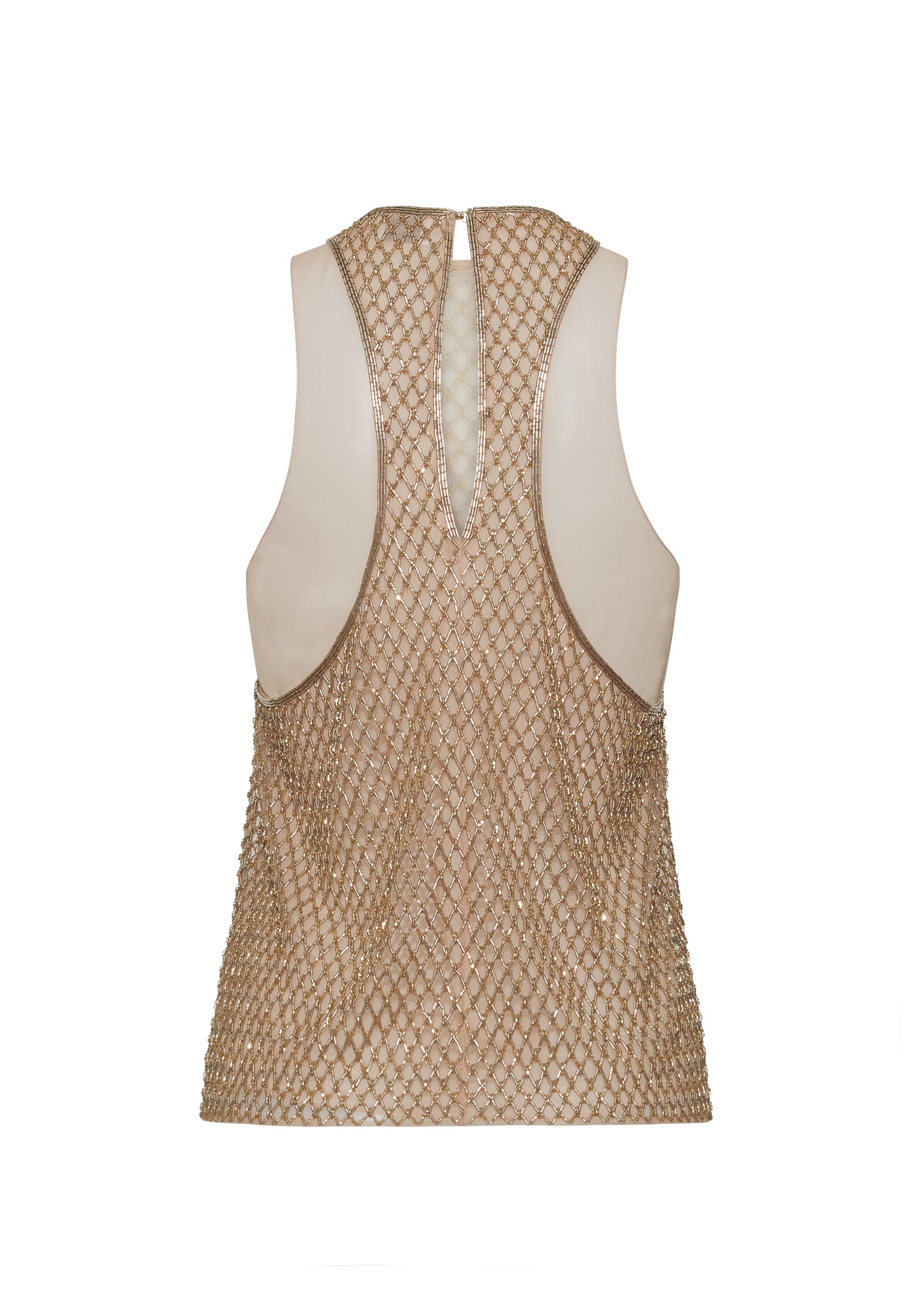 Ghost image back – Fable Top, P25110TU, Gold – Adam Lippes, P25 collection: The Fable Top in beaded tulle features intricate glass beading, a meticulous hand-done process that takes several days, arranged in the signature diamond motif for a striking visual effect. This new shape from the atelier combines fine craftsmanship with a clean, modern silhouette.