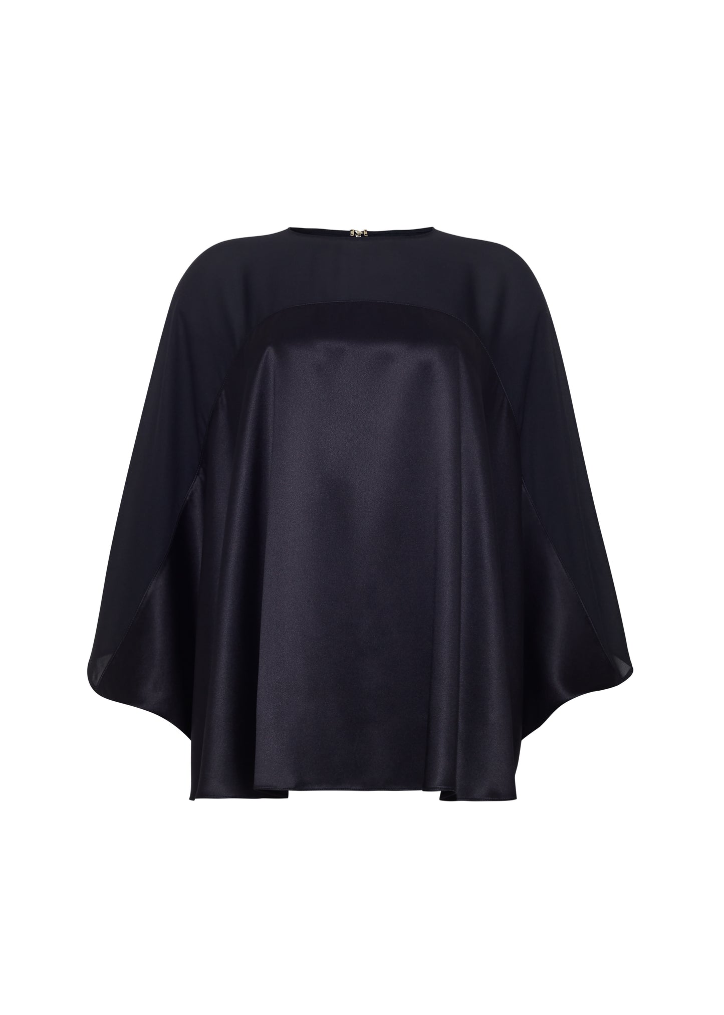 Ghost image front apollo top, P25127DC, black – Adam Lippes, P25 collection: A new shape from the atelier, the Apollo Top is crafted from luxurious 100% silk in a timeless black hue. The flowing, draped design features a high-neck collar and a cascading silhouette, exuding modern elegance.
