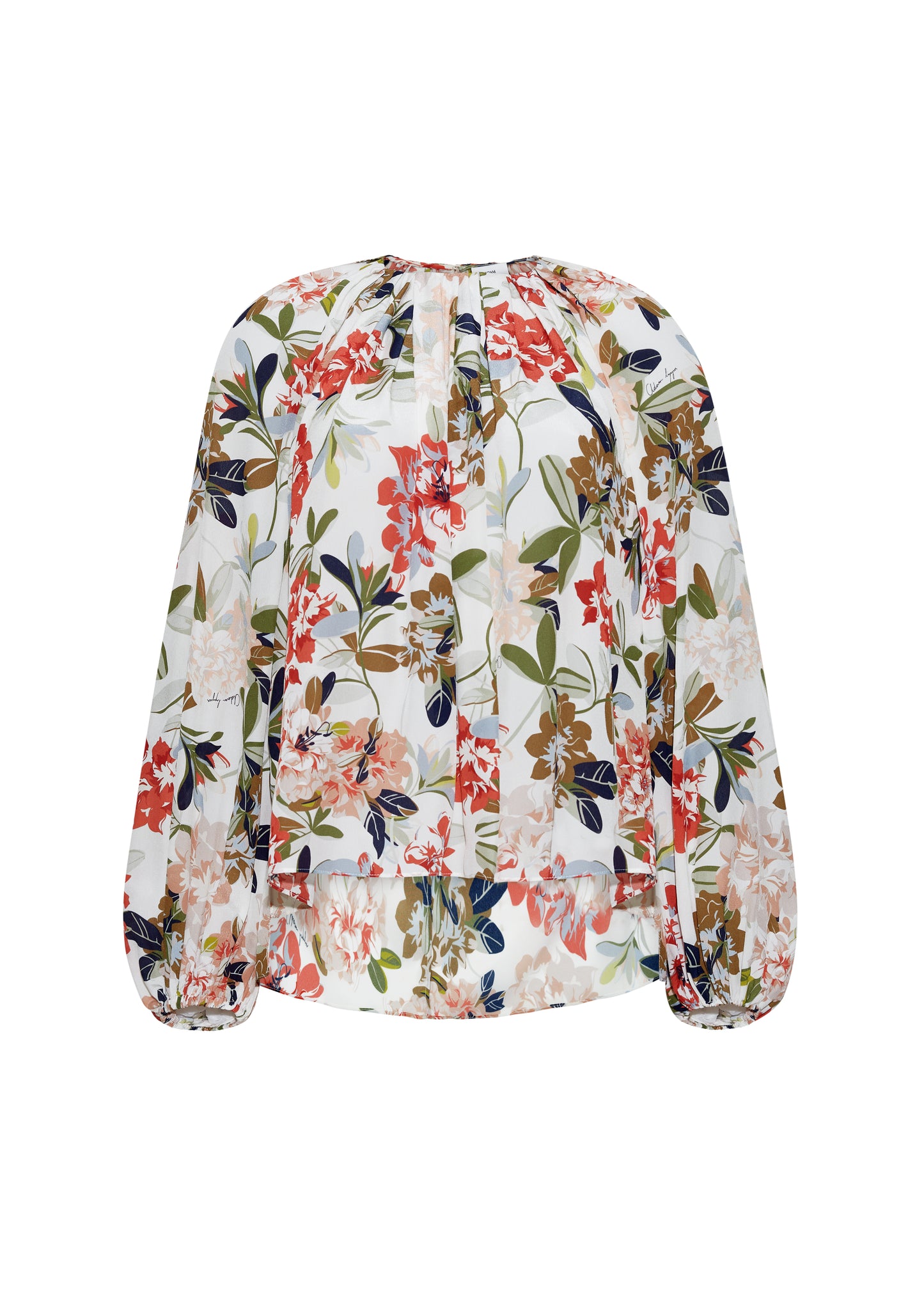 Ghost image front – lottie top , P25130CC, ivory floral – Adam Lippes, P25 collection: The Lottie Top debuts in a new silhouette, featuring a classic ivory floral motif on refined crepe de chine. A delicately gathered neckline, airy sleeves, and soft hemline evoke a sense of lightness and fluidity.