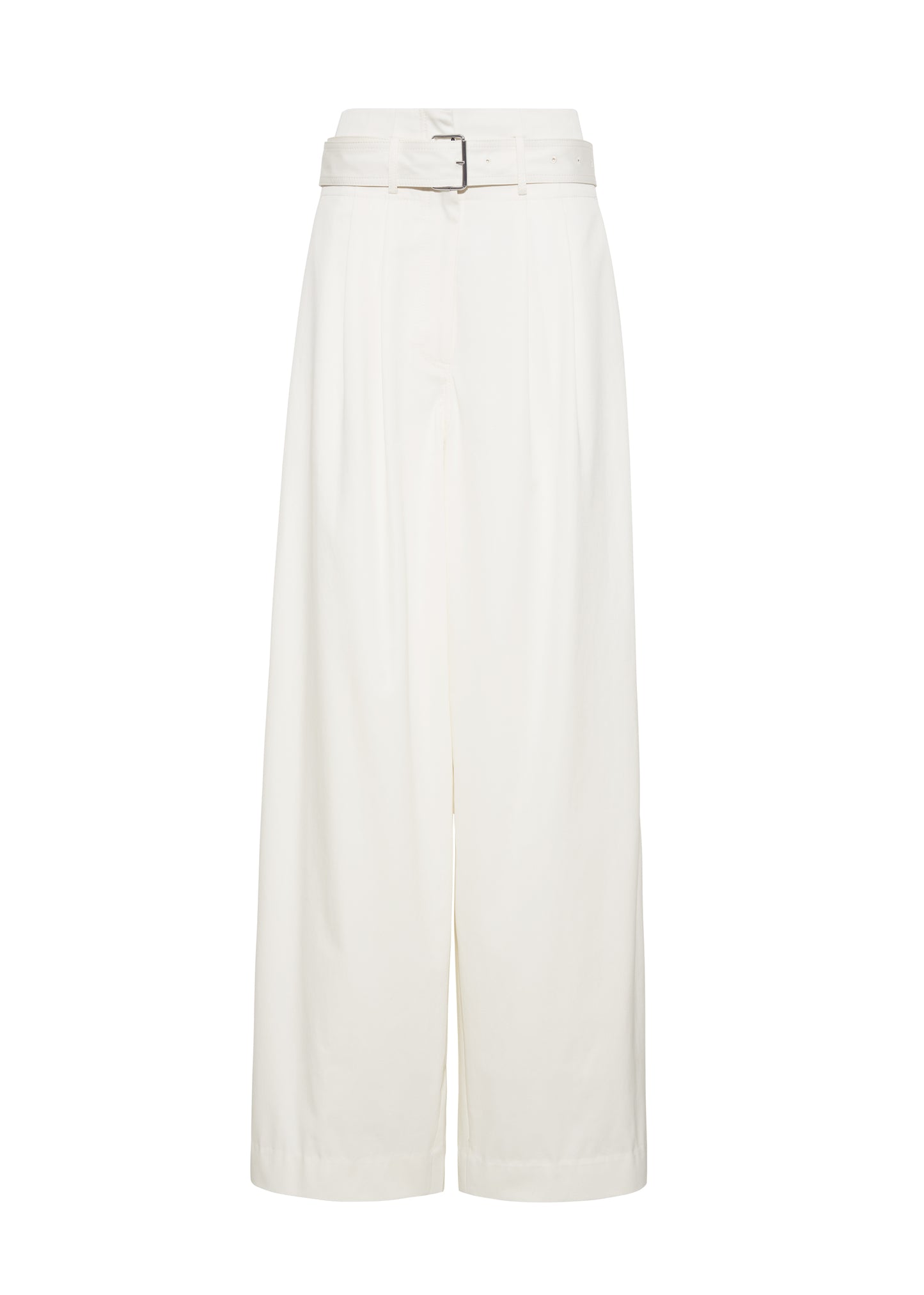 Ghost image front – Jericho Pant, P25505WI, Ivory – Adam Lippes, P25 collection: The Jericho Pant is crafted from luxurious cotton-cashmere twill, offering the perfect balance of softness and structure. Pleated fronts and a wide-leg design create an easy, relaxed fit, while a belt at the waist adds elegant definition.