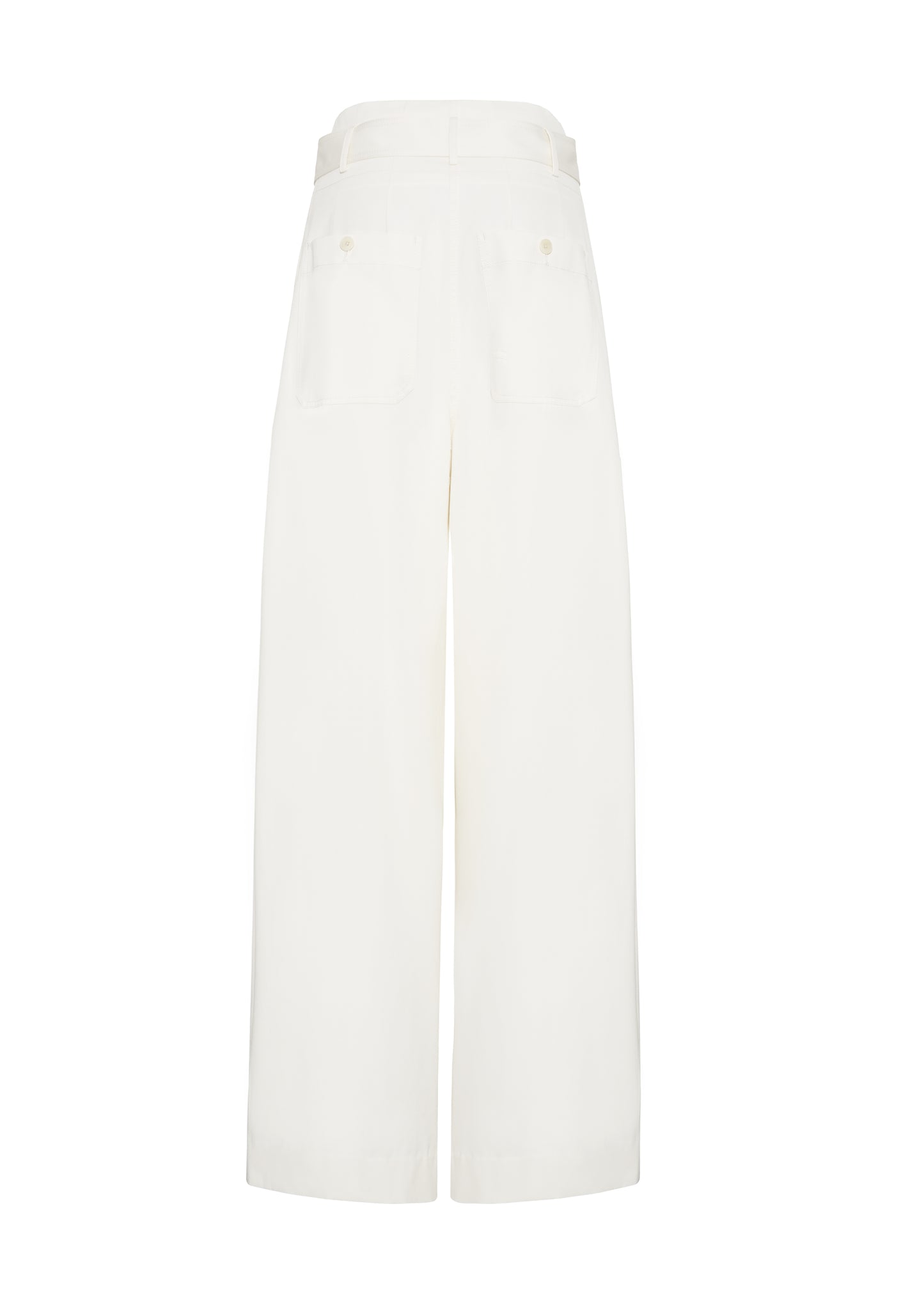 Ghost image back – Jericho Pant, P25505WI, Ivory – Adam Lippes, P25 collection: The Jericho Pant is crafted from luxurious cotton-cashmere twill, offering the perfect balance of softness and structure. Pleated fronts and a wide-leg design create an easy, relaxed fit, while a belt at the waist adds elegant definition.