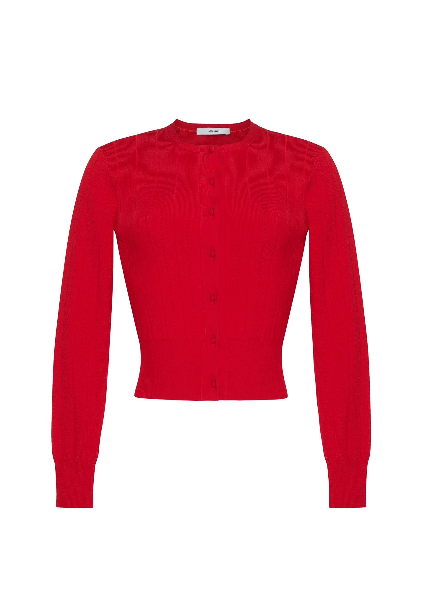 Ghost image front, P25625UB, Faye Cardigan in poppy Adam Lippes P25 collection: A classic pointelle stitch cardigan, crafted in our signature compact jacquard. Designed with a fitted bodice and delicate stitching, the piece is finished with covered buttons along the front placket for a refined look.