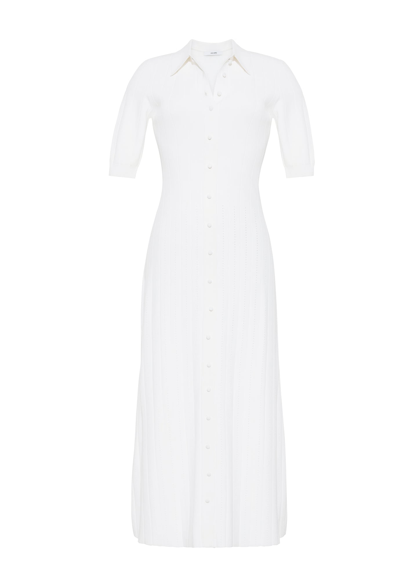 Ghost image front – Fenwick Dress, P25626UB, Ivory – Adam Lippes, P25 collection: Crafted from a supple, ribbed knit, this dress skims the figure with ease, while an inset panel through the skirt introduces fluid movement. A button-down front and structured collar complete the look.