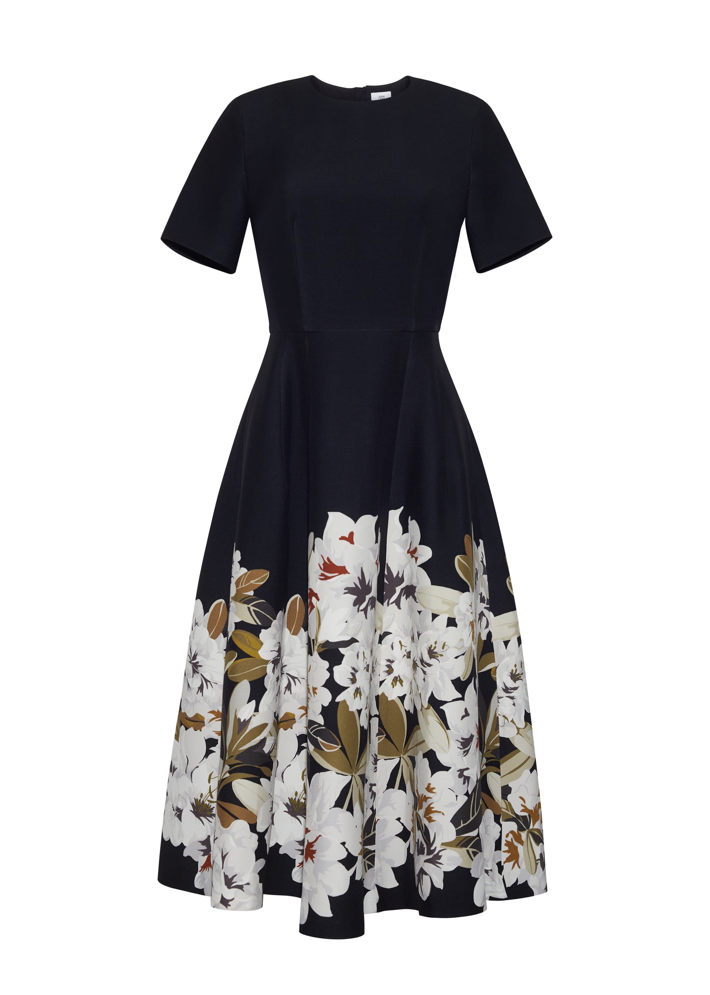 Ghost front, P25722PW, the Evangeline Dress in Black/white; From the Adam Lippes P25 Collection, A signature silhouette from the atelier, the Evangeline Dress is crafted in luxurious printed silk wool adorned with this season’s Sicily-inspired floral motif. Designed with an A-line silhouette and a gently flared skirt, it drapes gracefully for an elegant look.
