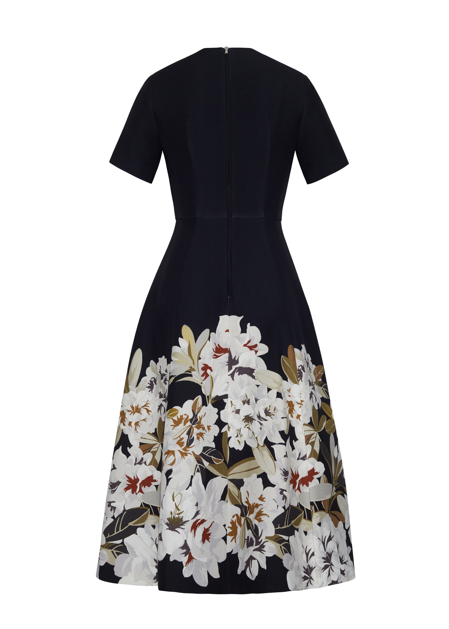 Ghost back, P25722PW, the Evangeline Dress in Black/white; From the Adam Lippes P25 Collection, A signature silhouette from the atelier, the Evangeline Dress is crafted in luxurious printed silk wool adorned with this season’s Sicily-inspired floral motif. Designed with an A-line silhouette and a gently flared skirt, it drapes gracefully for an elegant look.