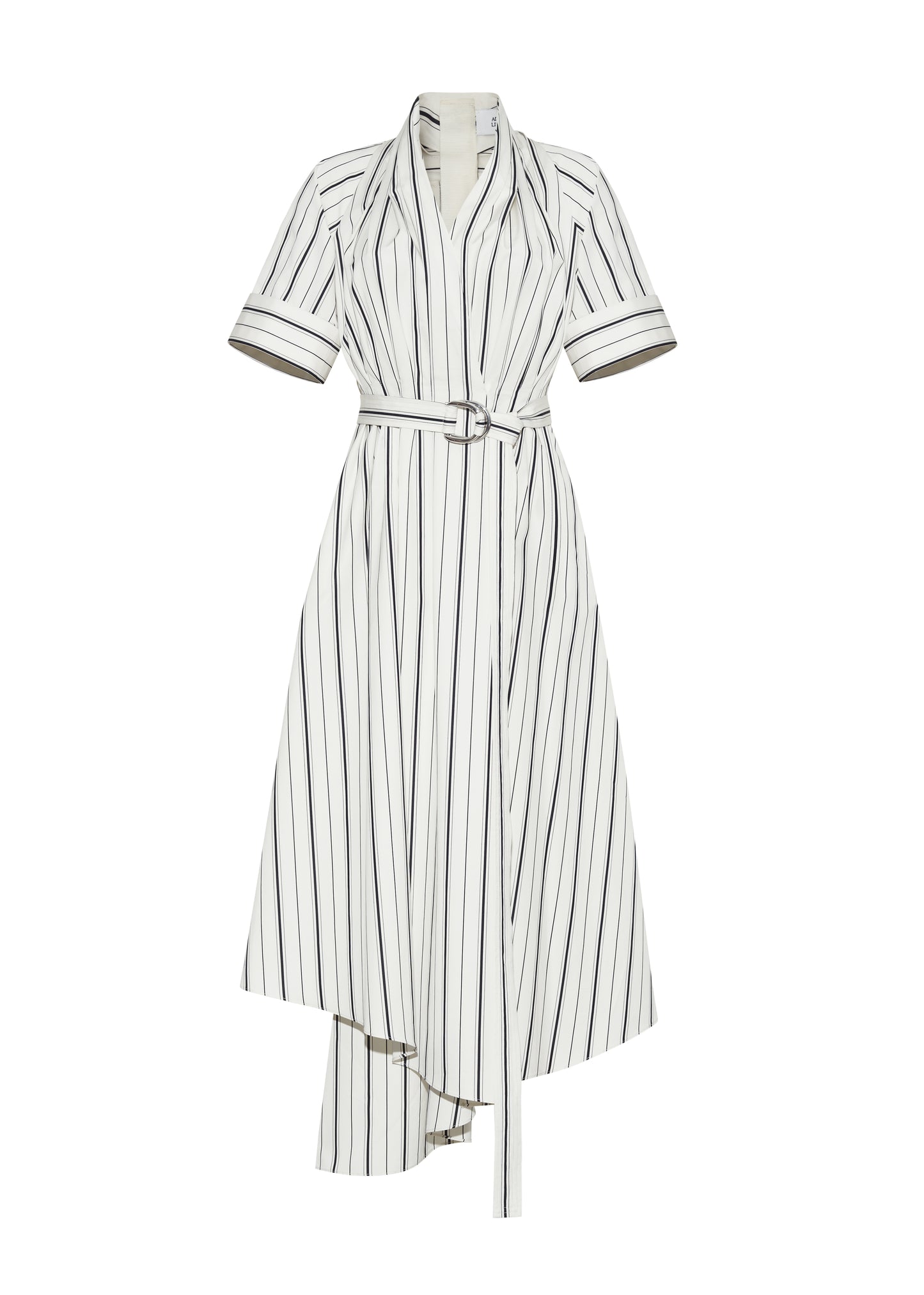 Ghost front image P25723SS, Ivory/Black, P25 Adam Lippes collection: The Nansi Dress is crafted from crisp stripe poplin in ivory and black, featuring an asymmetrical hem that adds a modern twist to a classic design. A sleek V-neckline and short sleeves enhance its effortless sophistication, while a fabric belt cinches the waist for a defined silhouette.