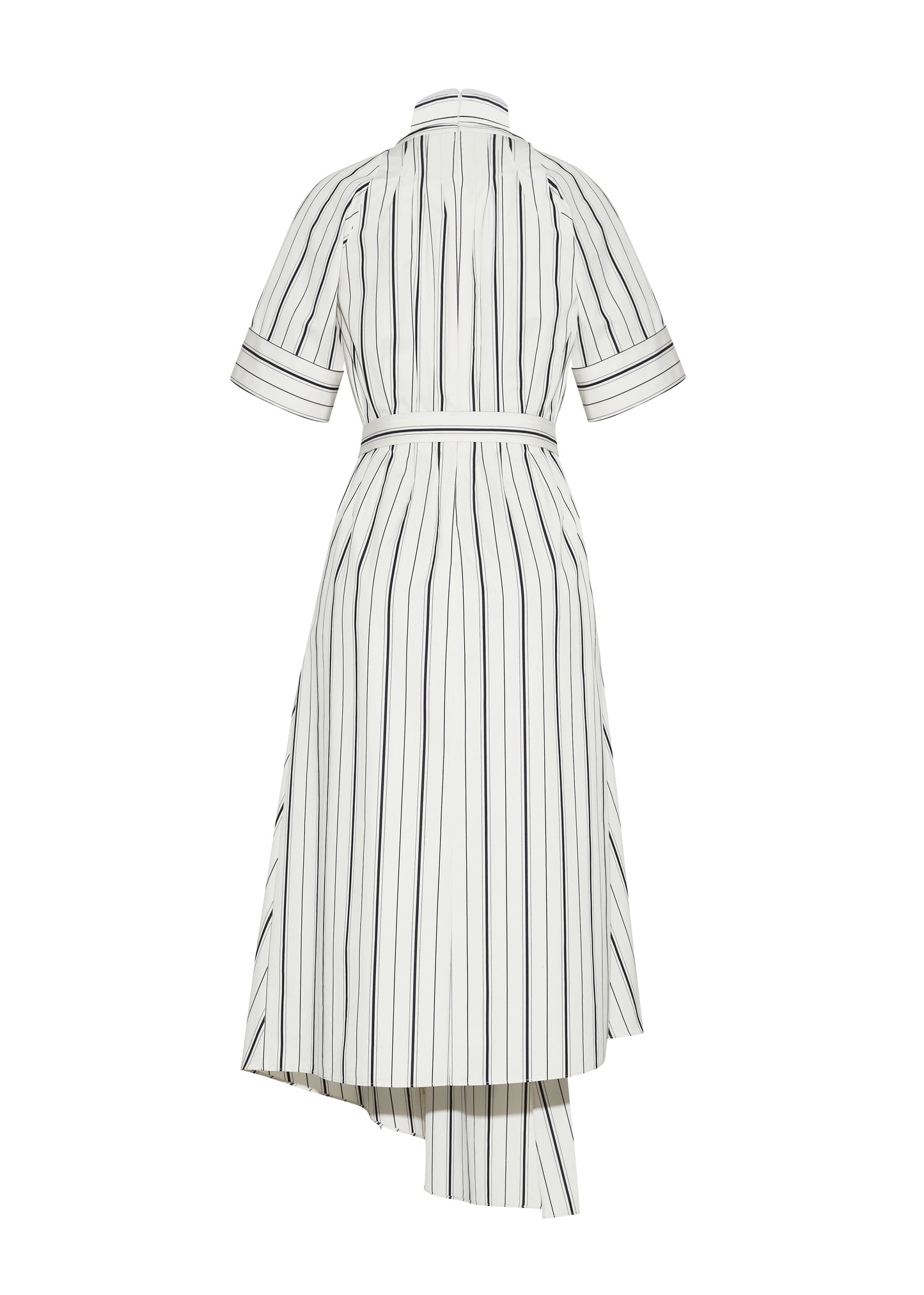 Ghost back image, P25723SS, Ivory/Black, P25 Adam Lippes collection: The Nansi Dress is crafted from crisp stripe poplin in ivory and black, featuring an asymmetrical hem that adds a modern twist to a classic design. A sleek V-neckline and short sleeves enhance its effortless sophistication, while a fabric belt cinches the waist for a defined silhouette.