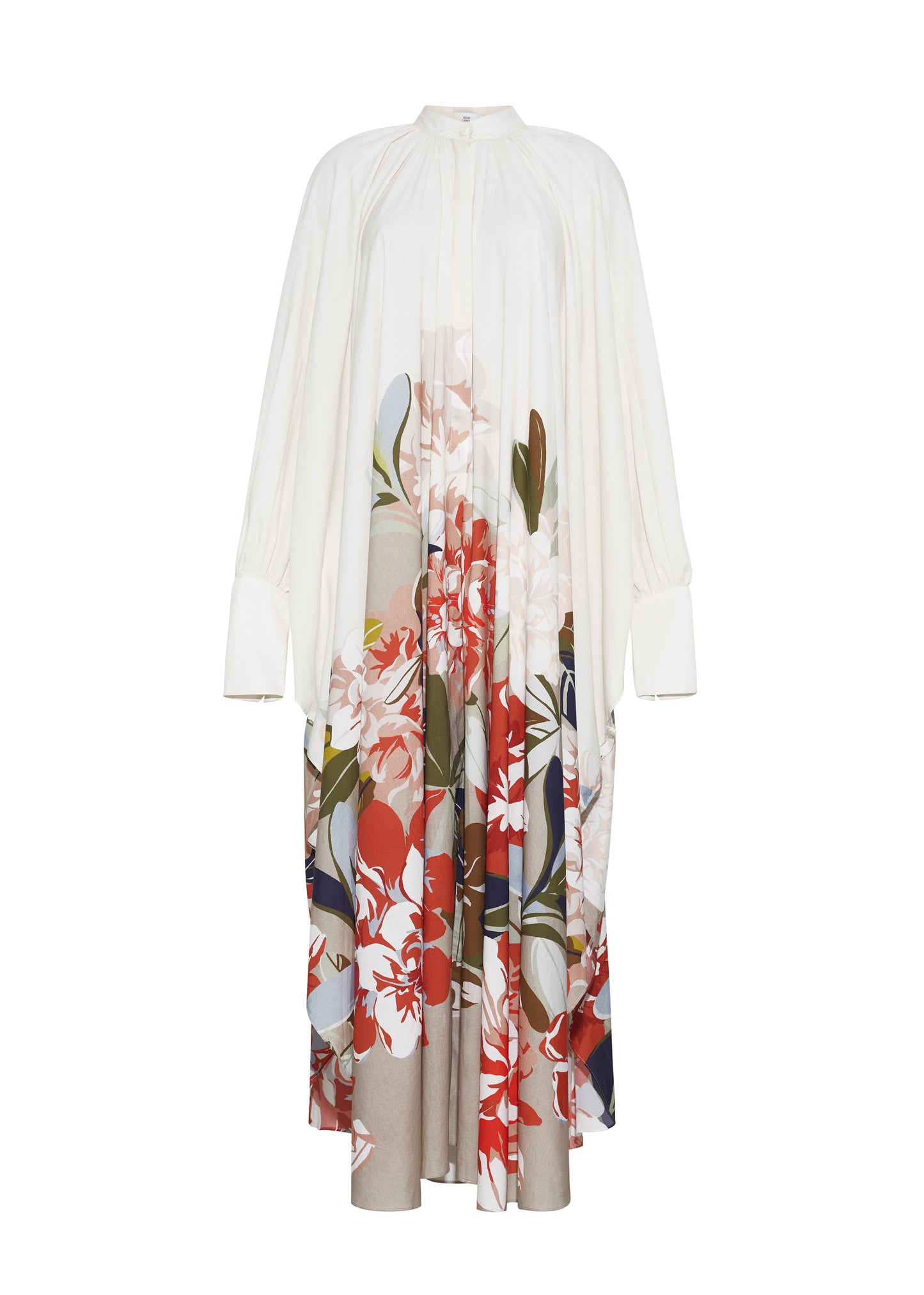Ghost image front, P25726PV, Rysa Caftan, Champagne/Multi, Adam Lippes P25 Collection; A new shape from the atelier, the Rysa Caftan is crafted from airy printed voile, featuring this season’s Sicily-inspired floral motif. The fluid hem adds a modern twist to the traditional caftan silhouette. With its flowing, relaxed fit, it exudes effortless elegance. Features a button loop closure and diamond monogram mother of pearl buttons.