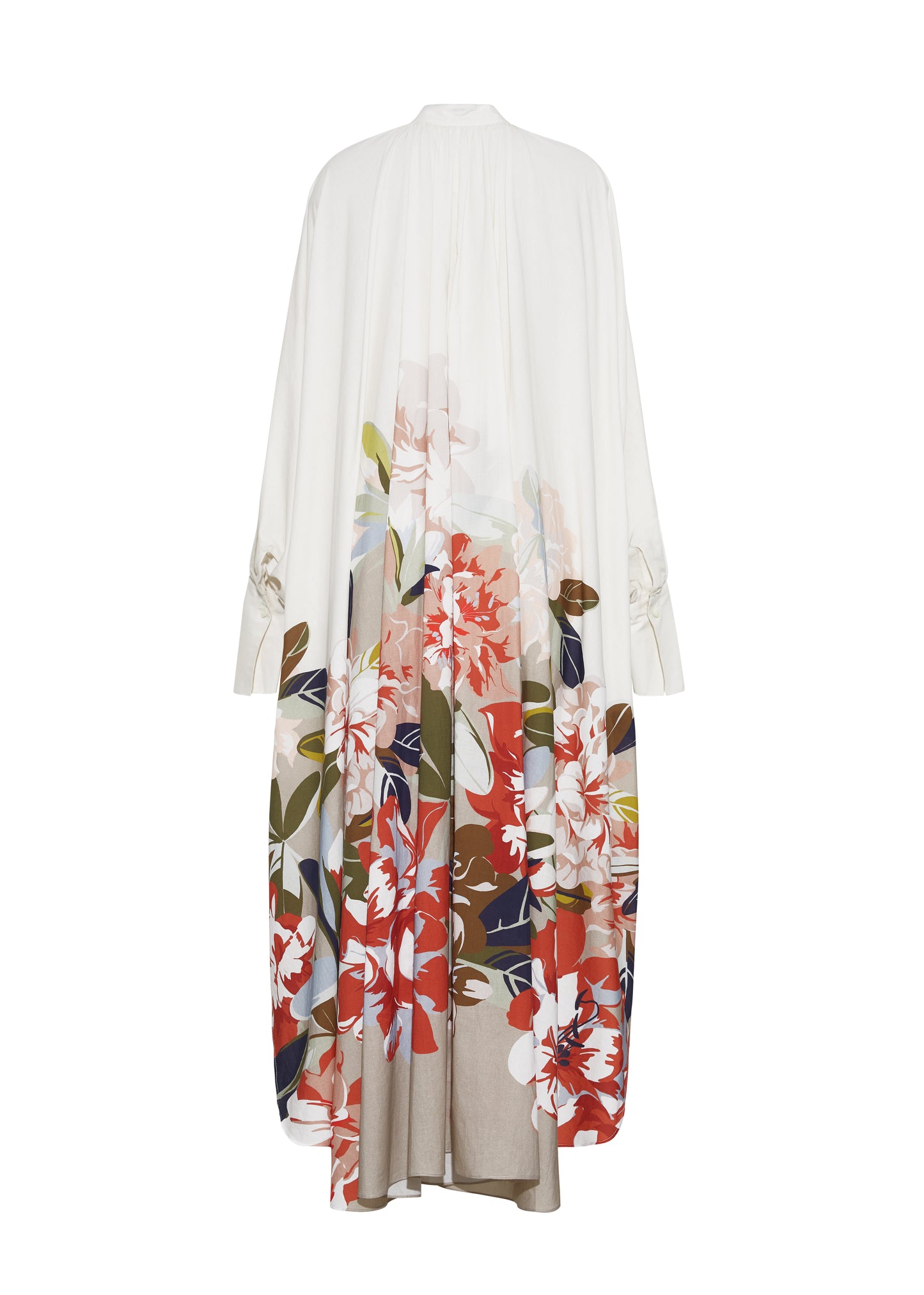 Ghost image back, P25726PV, Rysa Caftan, Champagne/Multi, Adam Lippes P25 Collection; A new shape from the atelier, the Rysa Caftan is crafted from airy printed voile, featuring this season’s Sicily-inspired floral motif. The fluid hem adds a modern twist to the traditional caftan silhouette. With its flowing, relaxed fit, it exudes effortless elegance. Features a button loop closure and diamond monogram mother of pearl buttons.