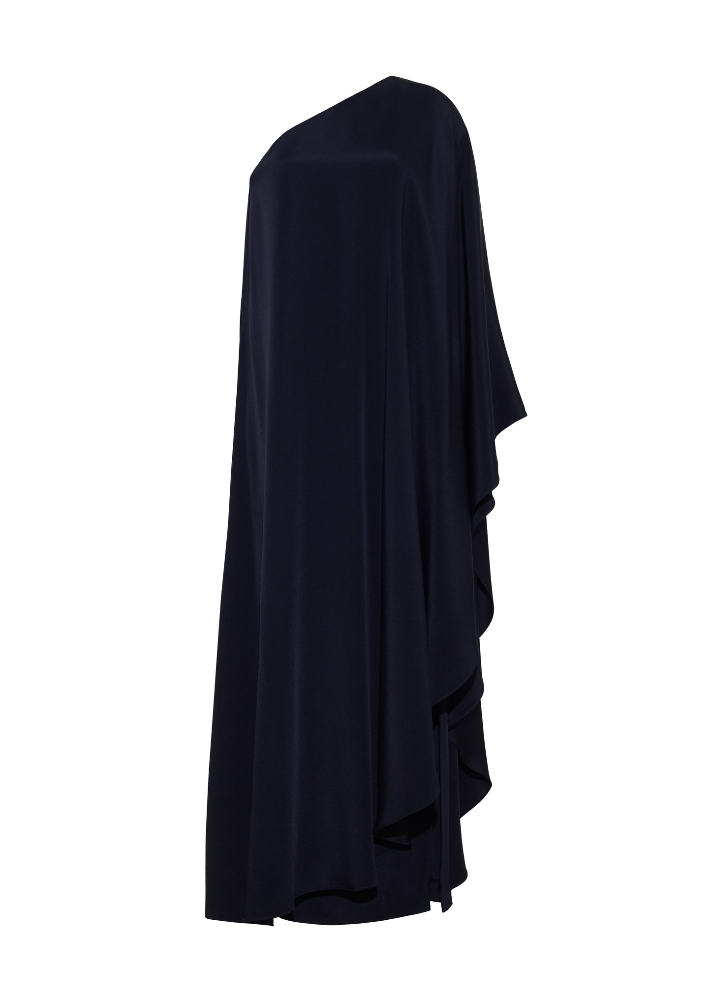 Ghost image front, P25747SE, Navy, Adam Lippes P25 Collection; The Solene Dress is a striking one-shoulder design crafted from luxurious silk crepe. The fabric drapes gracefully, creating an elegant, fluid silhouette. The asymmetrical cut is complemented by the soft, flowing lines that cascade effortlessly.