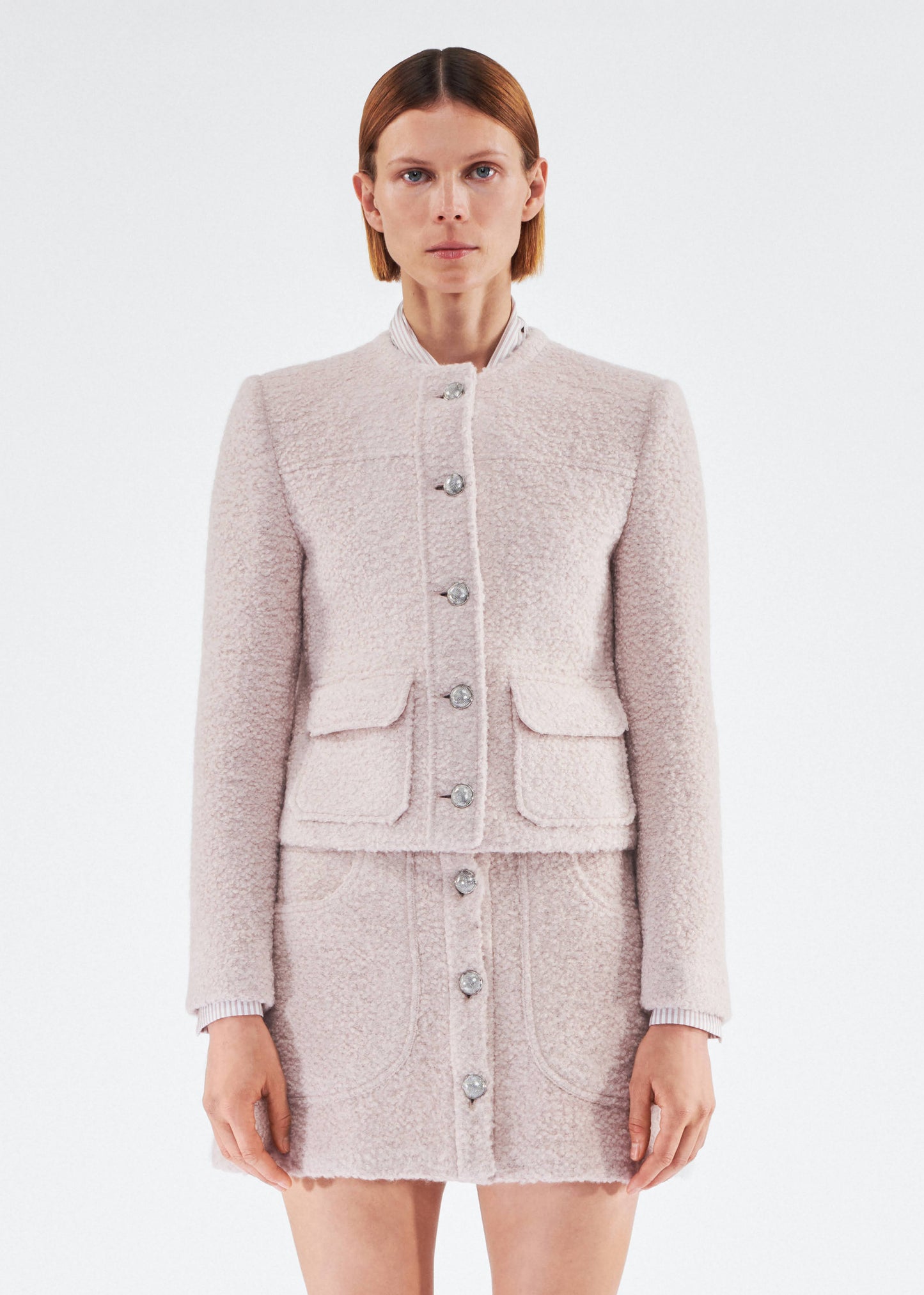 Front of model wearing the Lana Jacket in Brushed Boucle in Blush