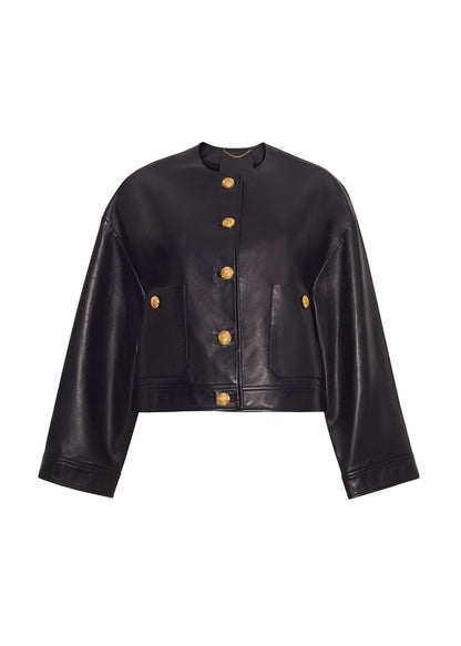 front ghost image of nessy jacket in leather in black