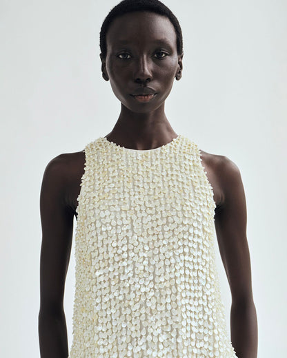 lookbook image of model wearing the Rami Top In Embroidered Mother of Pearl Ivory 