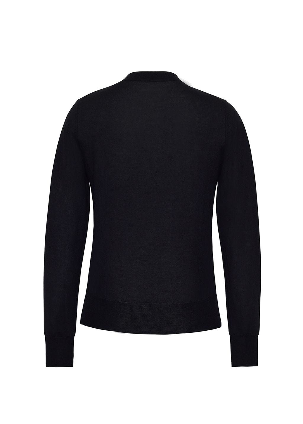 Back image of crewneck black sweater on white background. 