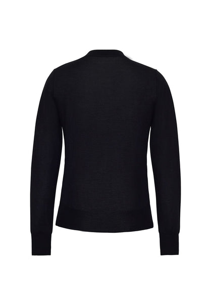 Back image of crewneck black sweater on white background. 
