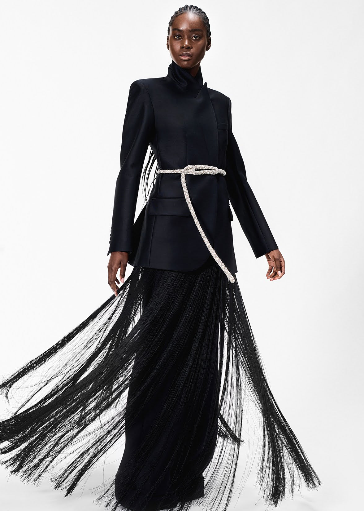 model wearing the artemis belt in black with the tux jacket in radzimir wool by Adam Lippes