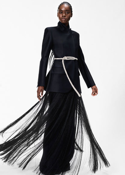model wearing the artemis belt in black with the tux jacket in radzimir wool by Adam Lippes