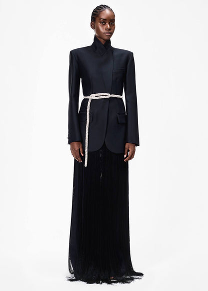 model wearing the artemis belt in black with the tux jacket in radzimir wool by Adam Lippes
