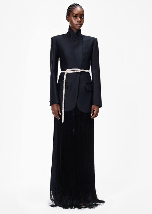 model wearing the artemis belt in black with the tux jacket in radzimir wool by Adam Lippes