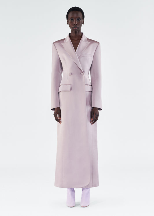 model wearing laurence coat by adam lippes in duchess satin in smokey amethyst