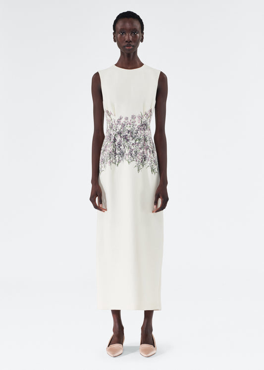 Front of model wearing the Ophelia Dress in Printed Silk Wool in Rose/Ivory