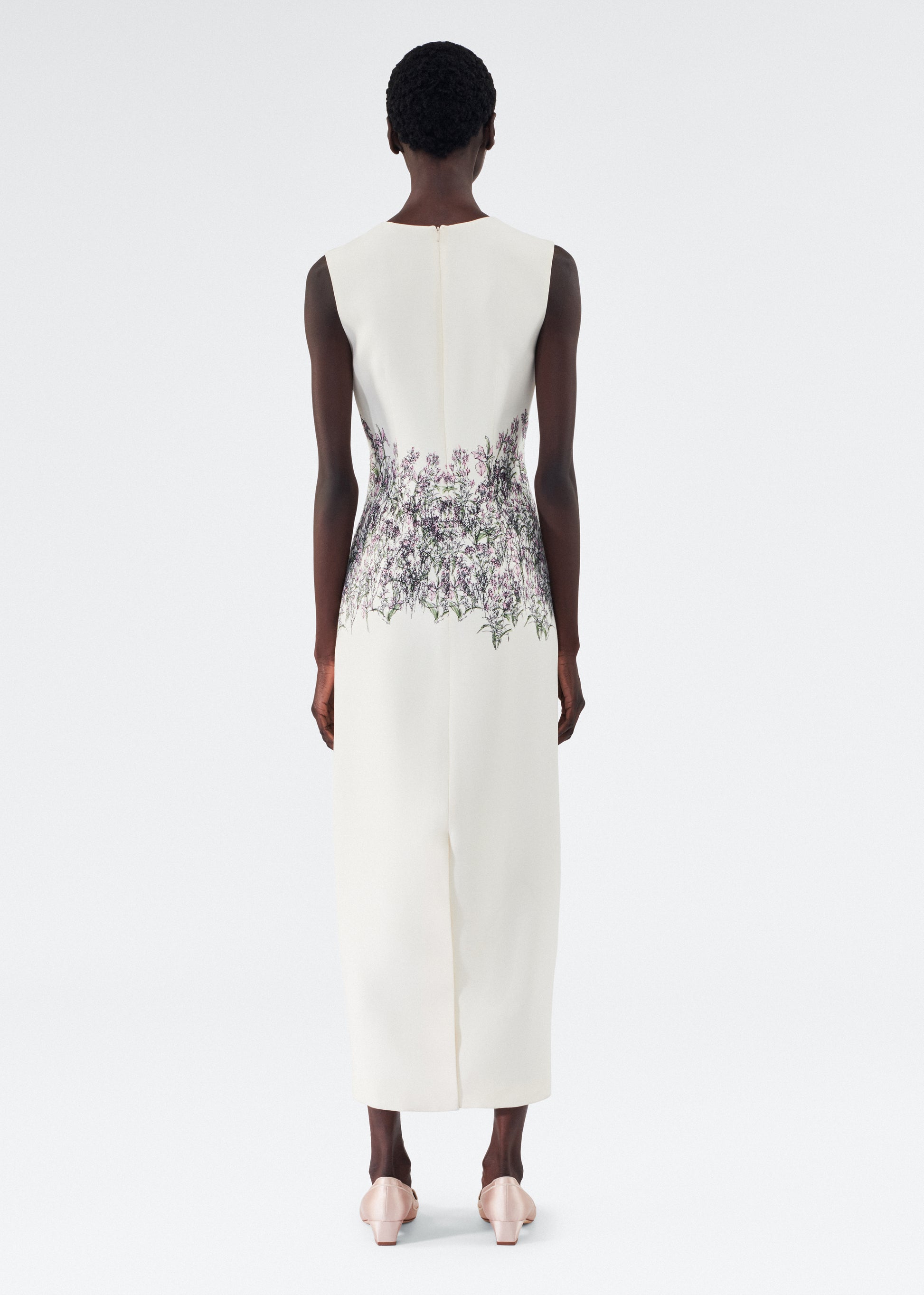 Back of of model wearing the Ophelia Dress in Printed Silk Wool in Rose/Ivory