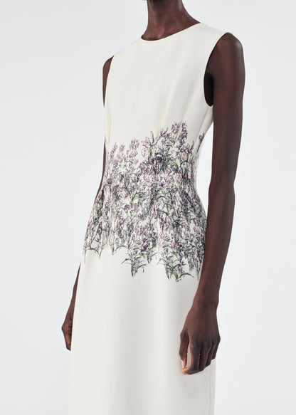 Close up of model wearing the Ophelia Dress in Printed Silk Wool in Rose/Ivory