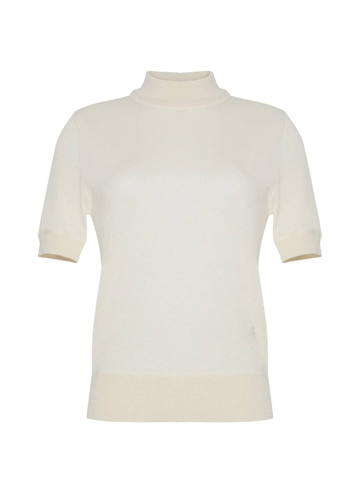 ghost image showing the front of the mockneck top in ultra fine cashmere in ivory by Adam Lippes