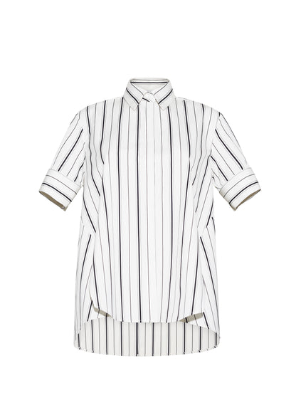 Ghost front image – Trapeze Shirt, P25106SS, Ivory/Black – Adam Lippes, P25 collection: The Adam Lippes Trapeze Shirt remains a timeless favorite from the atelier. Crafted from crisp Italian cotton, this season’s version features a classic ivory and black stripe. The piece features diamond monogram mother of pearl buttons along the center front placket, collar stand and French cuffs. Designed with side slits for a breezy, relaxed fit.