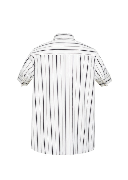 Ghost back image – Trapeze Shirt, P25106SS, Ivory/Black – Adam Lippes, P25 collection: The Adam Lippes Trapeze Shirt remains a timeless favorite from the atelier. Crafted from crisp Italian cotton, this season’s version features a classic ivory and black stripe. The piece features diamond monogram mother of pearl buttons along the center front placket, collar stand and French cuffs. Designed with side slits for a breezy, relaxed fit.