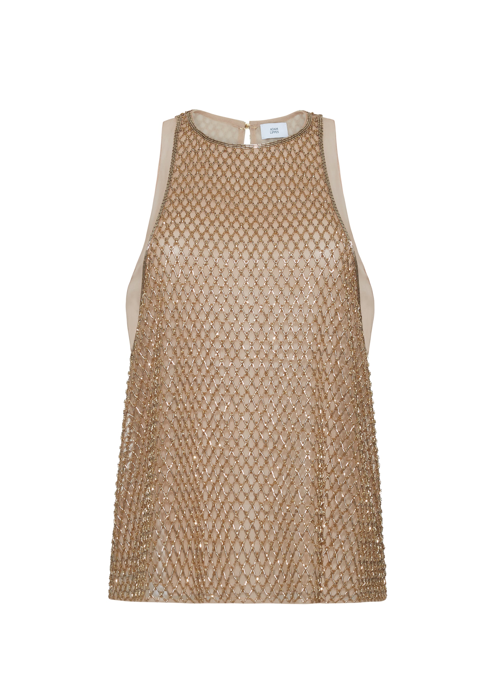 Ghost image front – Fable Top, P25110TU, Gold – Adam Lippes, P25 collection: The Fable Top in beaded tulle features intricate glass beading, a meticulous hand-done process that takes several days, arranged in the signature diamond motif for a striking visual effect. This new shape from the atelier combines fine craftsmanship with a clean, modern silhouette.