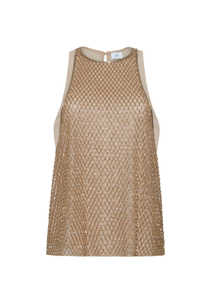 Ghost image front – Fable Top, P25110TU, Gold – Adam Lippes, P25 collection: The Fable Top in beaded tulle features intricate glass beading, a meticulous hand-done process that takes several days, arranged in the signature diamond motif for a striking visual effect. This new shape from the atelier combines fine craftsmanship with a clean, modern silhouette.