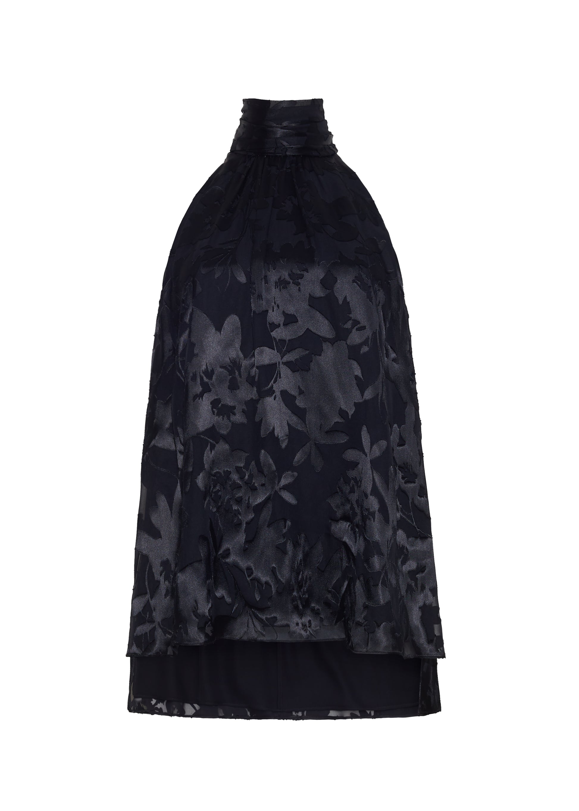 Front ghost image – giulia top, P25117DV, Black – Adam Lippes, P25 collection: The Giulia Top is crafted from elegant burn-out fabric, and features an intricate floral design. The classic black hue enhances the rich texture, while the flowing silhouette exudes sophistication. Pair with the Emi Skirt in Devore for a coordinated ensemble.