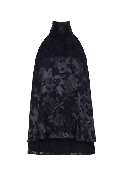 Front ghost image – giulia top, P25117DV, Black – Adam Lippes, P25 collection: The Giulia Top is crafted from elegant burn-out fabric, and features an intricate floral design. The classic black hue enhances the rich texture, while the flowing silhouette exudes sophistication. Pair with the Emi Skirt in Devore for a coordinated ensemble.