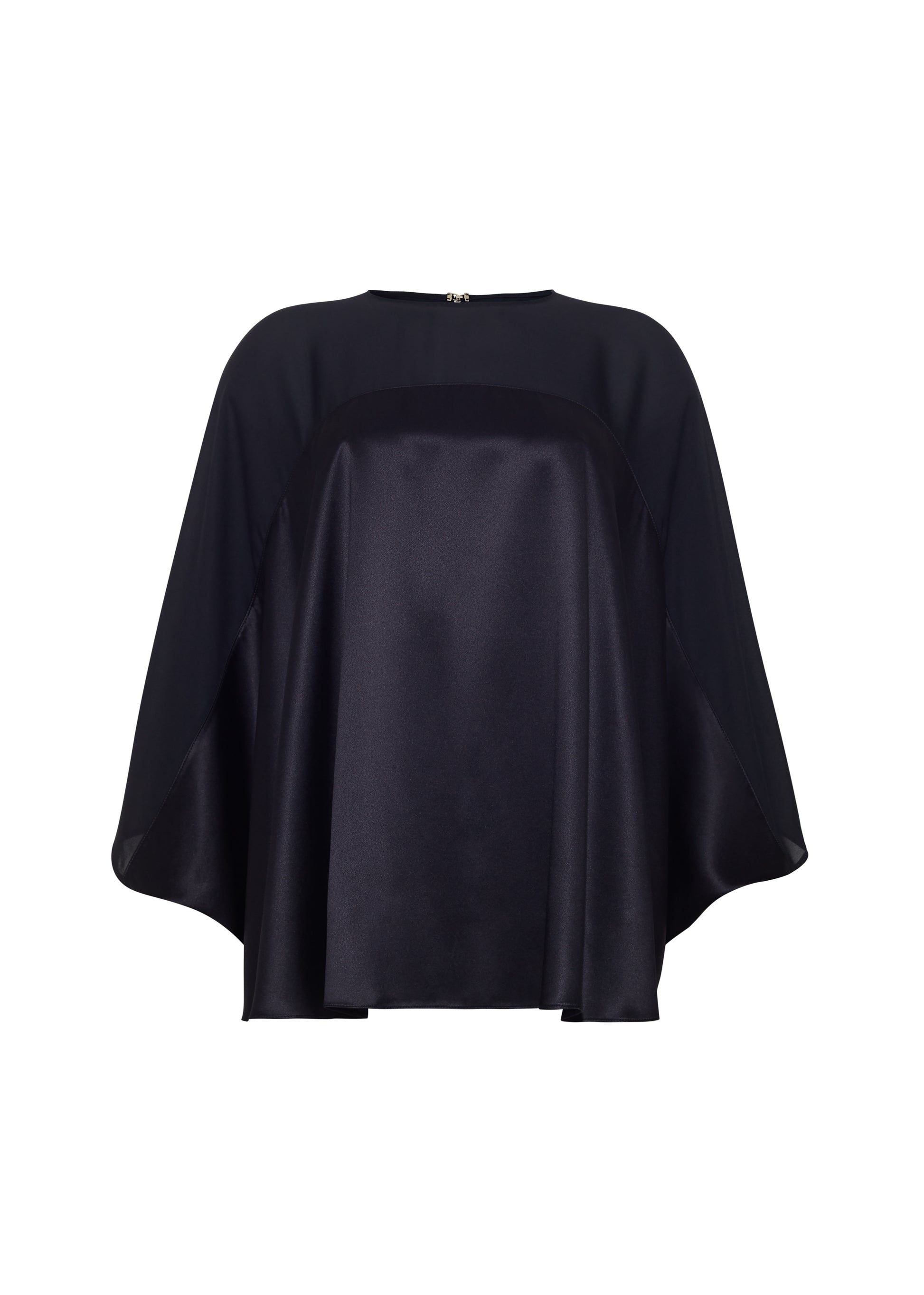 Ghost image front apollo top, P25127DC, black – Adam Lippes, P25 collection: A new shape from the atelier, the Apollo Top is crafted from luxurious 100% silk in a timeless black hue. The flowing, draped design features a high-neck collar and a cascading silhouette, exuding modern elegance. 