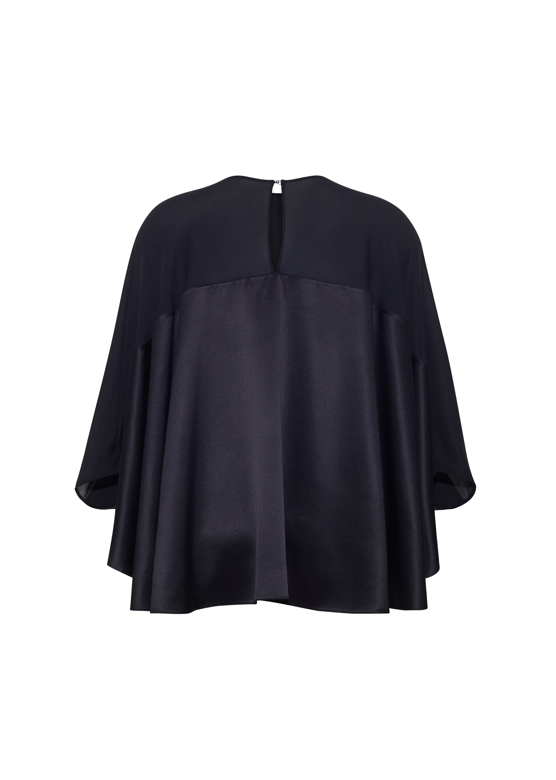 Ghost image back apollo top, P25127DC, black – Adam Lippes, P25 collection: A new shape from the atelier, the Apollo Top is crafted from luxurious 100% silk in a timeless black hue. The flowing, draped design features a high-neck collar and a cascading silhouette, exuding modern elegance. 
