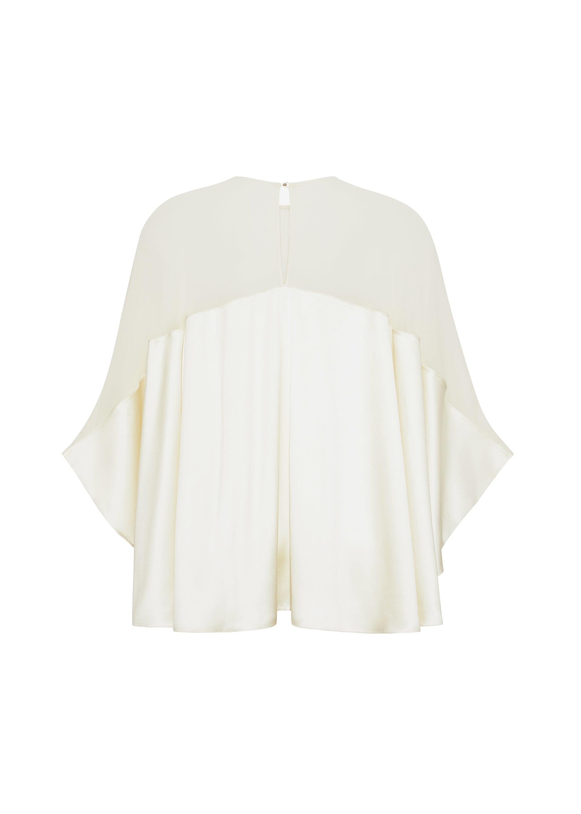 Ghost image back apollo top, P25127DC, cream – Adam Lippes, P25 collection: A new shape from the atelier, the Apollo Top is crafted from luxurious 100% silk in a soft cream hue. The flowing, draped design features a high-neck collar and a cascading silhouette, exuding modern elegance. 