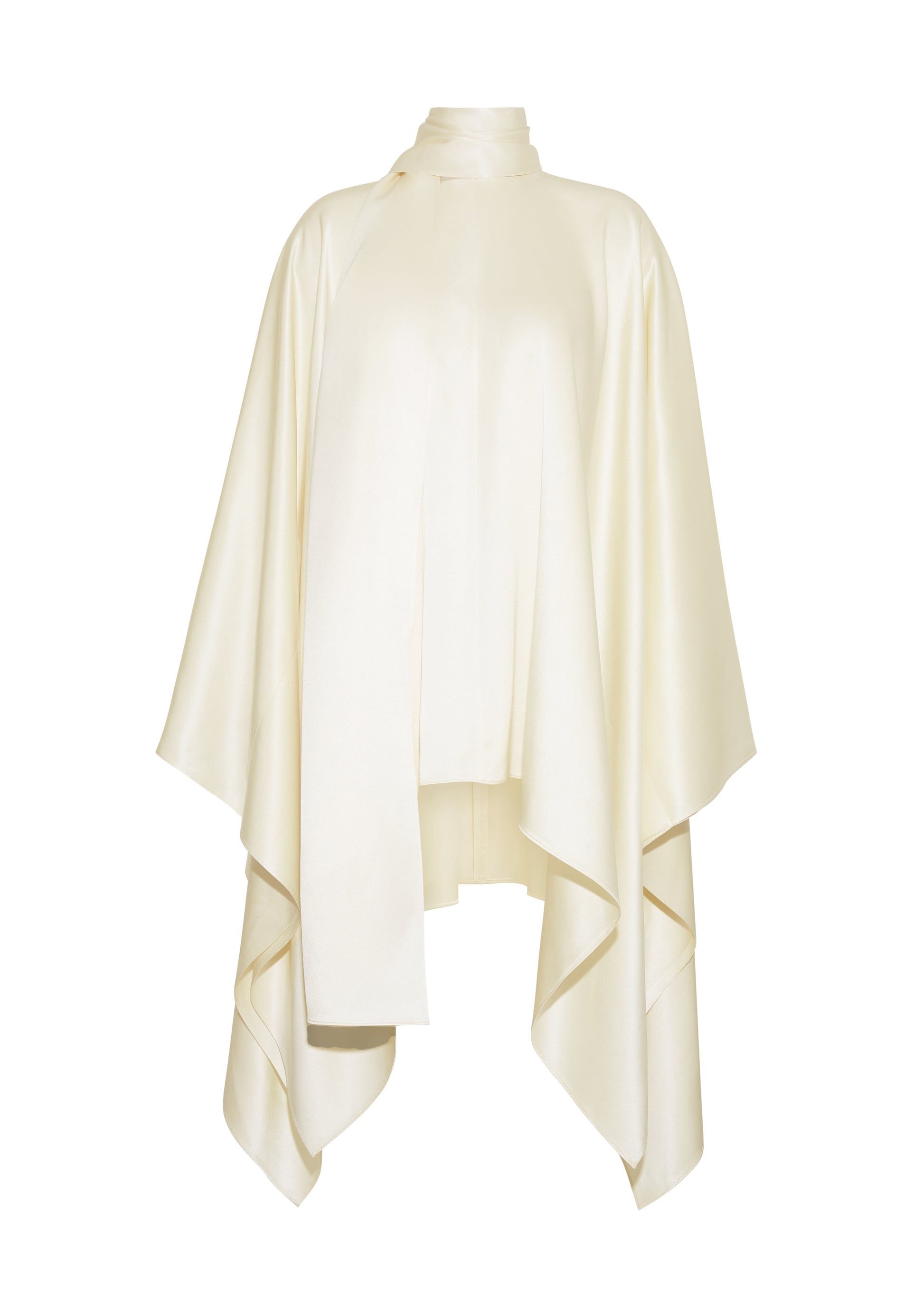 Ghost image front – tana top , P25134HM, cream – Adam Lippes, P25 collection: The Tana Top is crafted from luxurious double-face charmeuse, offering a rich, fluid drape in a delicate cream hue. Featuring a detachable scarf for versatile styling options. The clean lines and elegant shape make it a statement piece, perfect for both dressing up and down.