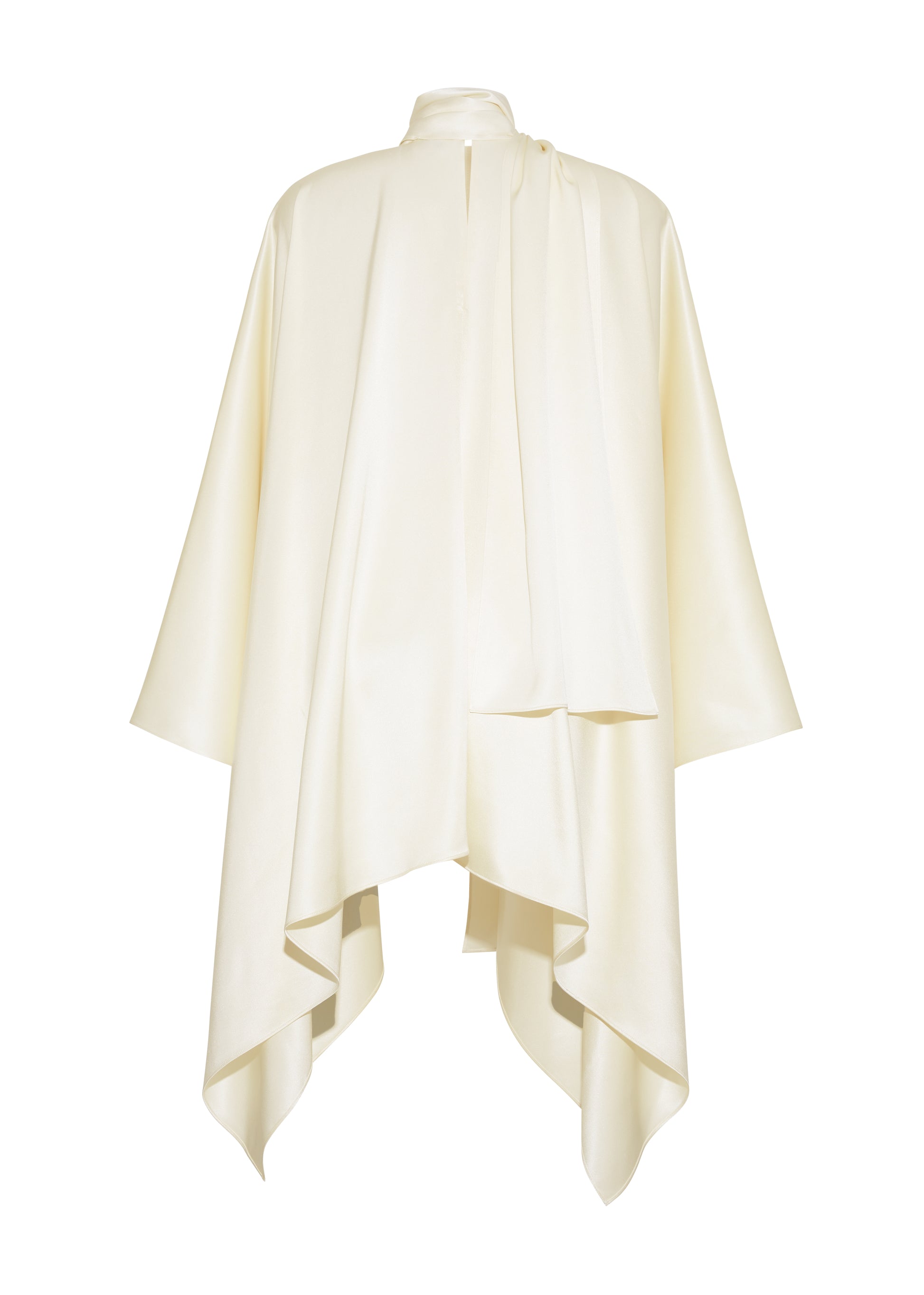 Ghost image back – tana top , P25134HM, cream – Adam Lippes, P25 collection: The Tana Top is crafted from luxurious double-face charmeuse, offering a rich, fluid drape in a delicate cream hue. Featuring a detachable scarf for versatile styling options. The clean lines and elegant shape make it a statement piece, perfect for both dressing up and down.