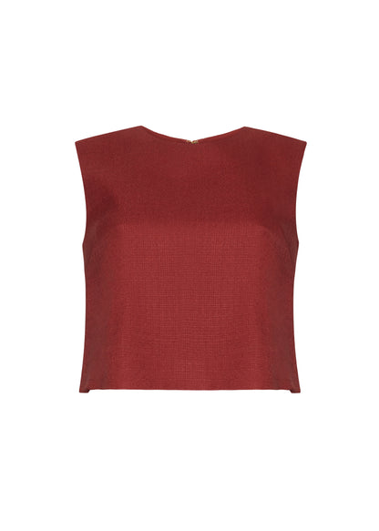 Ighost image front– mercer top, P25144TR, sienna – Adam Lippes, P25 collection: This cropped-silhouette top is crafted from stretch canvas in a rich sienna hue, offering a perfect balance of softness and structure. A box pleat at the back adds subtle, refined shape.