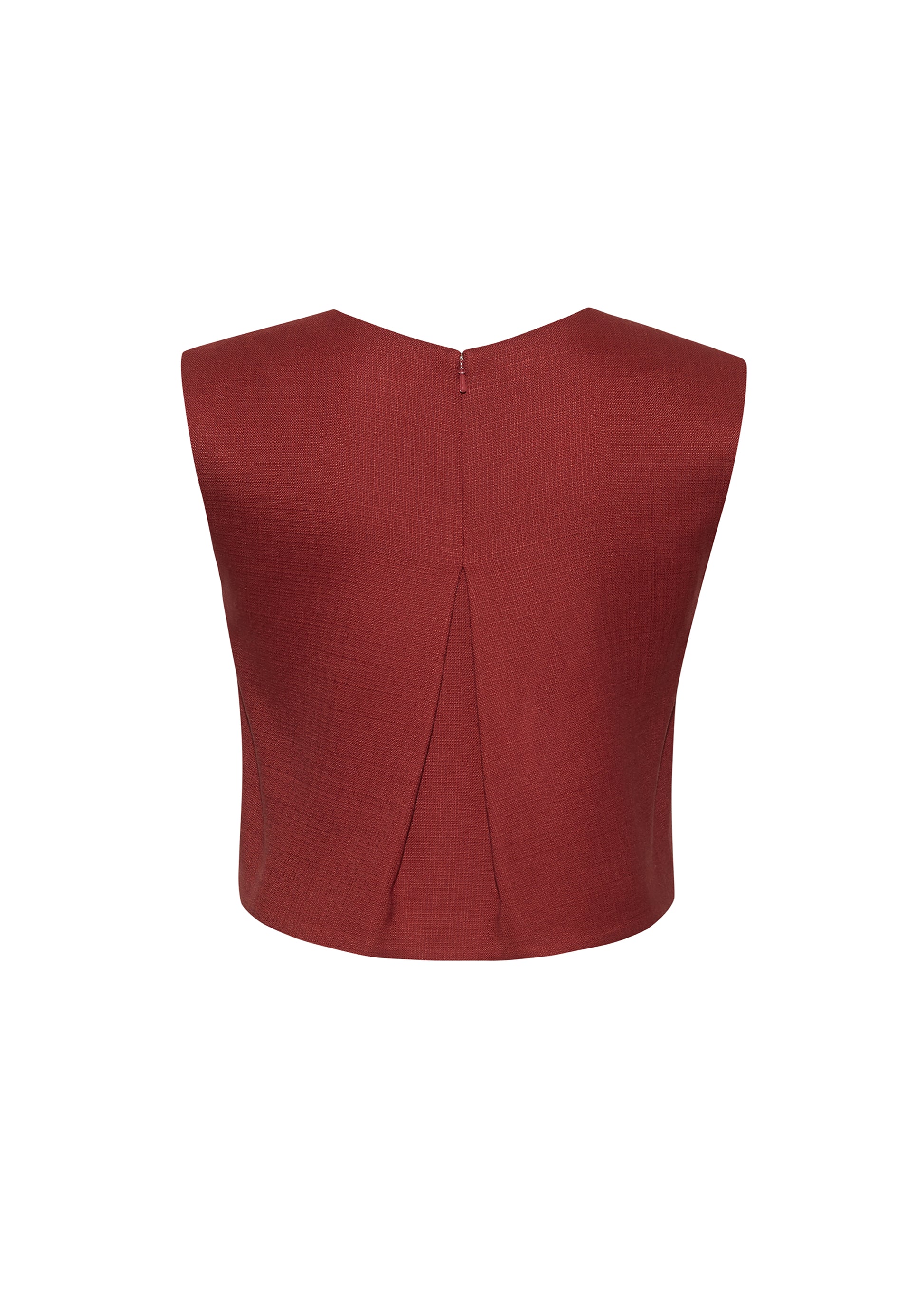 Ghost image back– mercer top, P25144TR, sienna – Adam Lippes, P25 collection: This cropped-silhouette top is crafted from stretch canvas in a rich sienna hue, offering a perfect balance of softness and structure. A box pleat at the back adds subtle, refined shape.