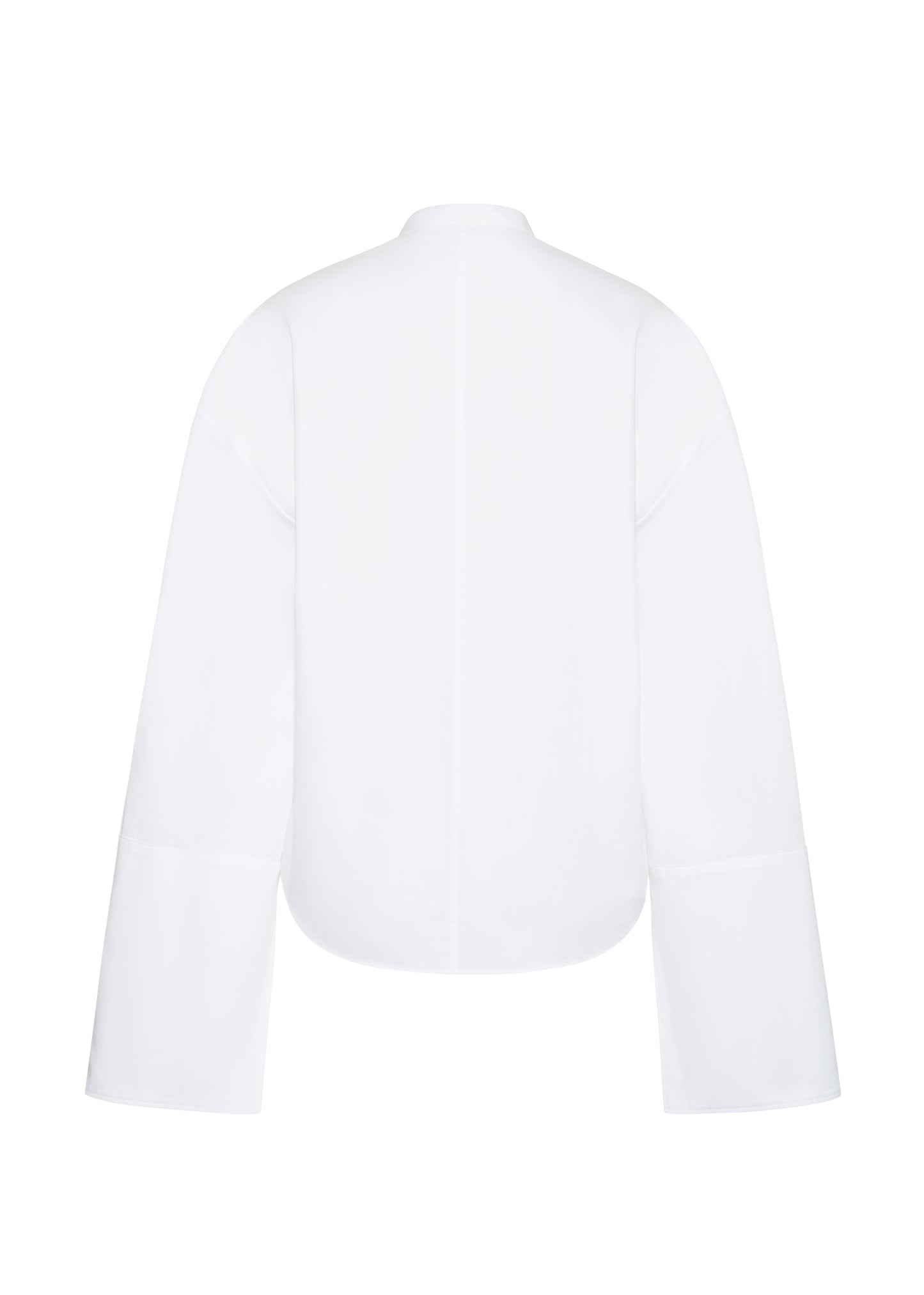 ghost image back – mick top, P25145CS, white – Adam Lippes, P25 collection: A new shape for the season, the Mick Top is crafted from crisp organic cotton poplin in classic white. The top features a tie closure at the center front, adding a subtle touch of modern sophistication. Billowy sleeves with split cuffs create an airy and elegant silhouette. Includes a silk cami for added comfort and versatility.