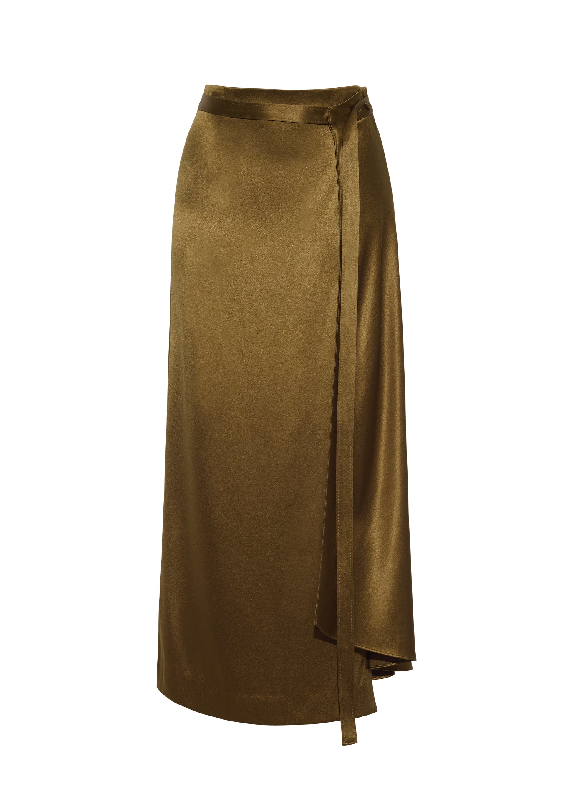 ghost image front – bruna skirt, P25403HM, olive – Adam Lippes, P25 collection: The Bruna Skirt is crafted from luxurious double-face silk charmeuse, offering a rich sheen and fluid drape. Rendered in a deep olive hue, cascading fabric at the side of the piece adds subtle movement to the elegant silhouette. 