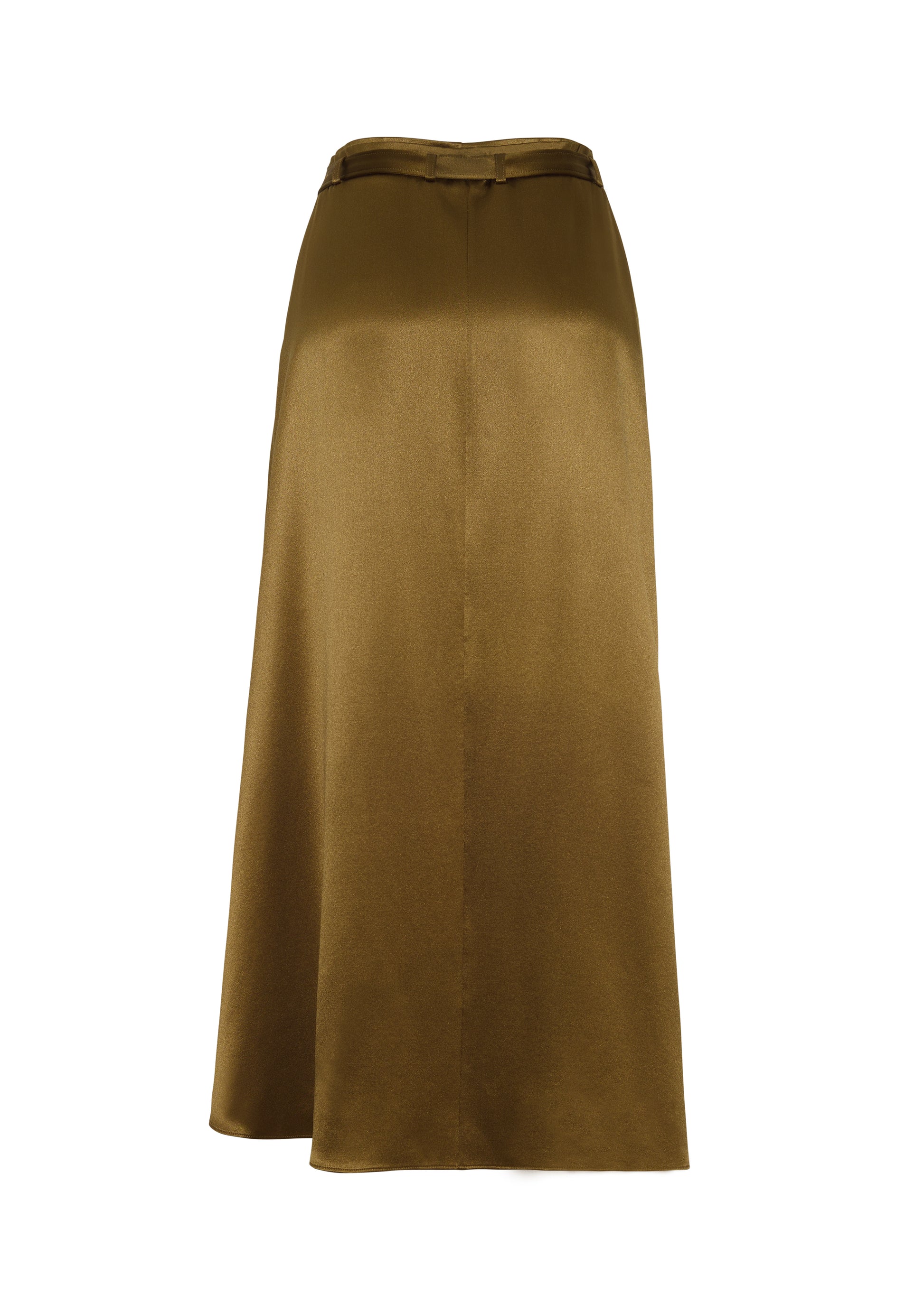 ghost image back – bruna skirt, P25403HM, olive – Adam Lippes, P25 collection: The Bruna Skirt is crafted from luxurious double-face silk charmeuse, offering a rich sheen and fluid drape. Rendered in a deep olive hue, cascading fabric at the side of the piece adds subtle movement to the elegant silhouette. 