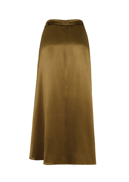 ghost image back – bruna skirt, P25403HM, olive – Adam Lippes, P25 collection: The Bruna Skirt is crafted from luxurious double-face silk charmeuse, offering a rich sheen and fluid drape. Rendered in a deep olive hue, cascading fabric at the side of the piece adds subtle movement to the elegant silhouette. 